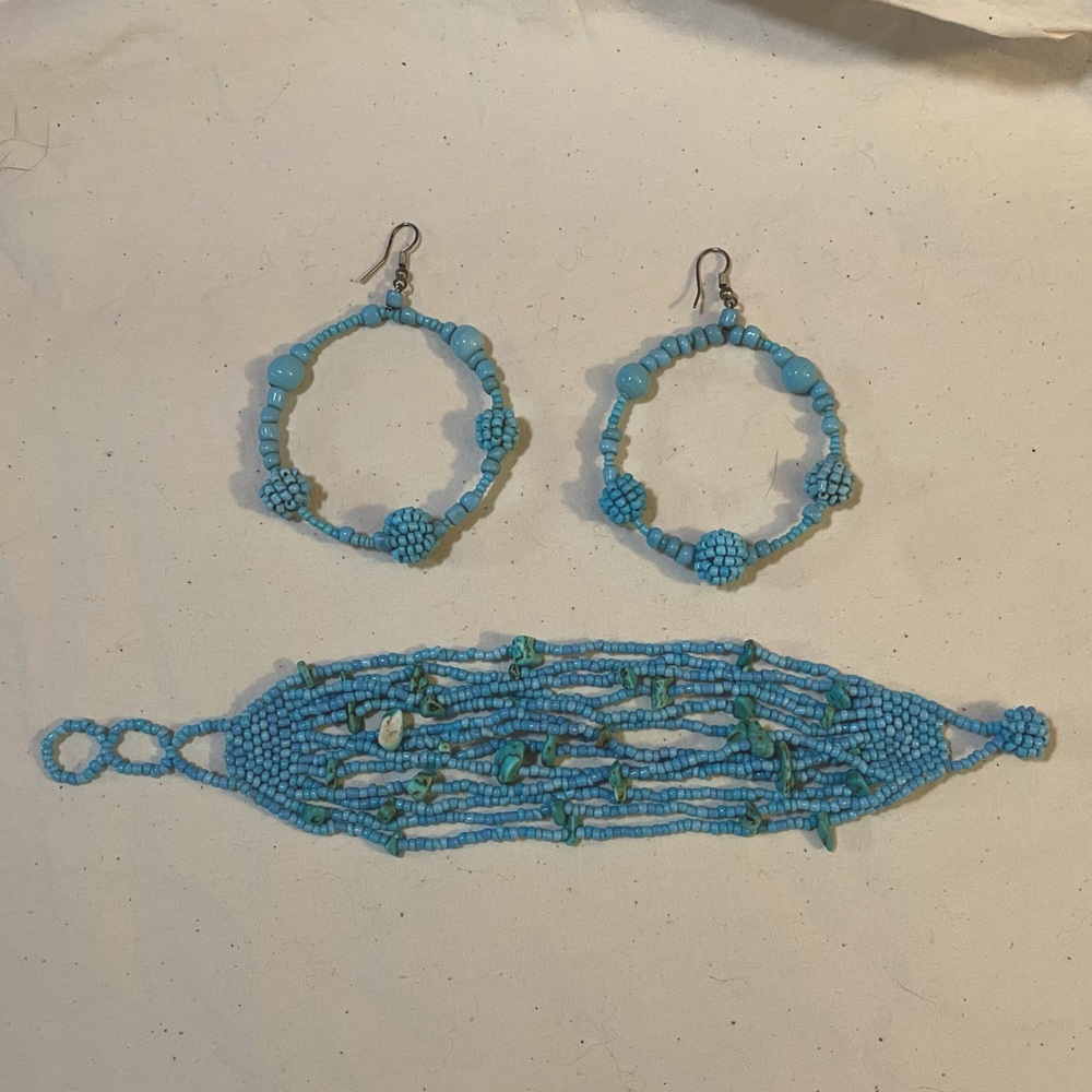 Vintage beaded teal multi-strand bracelet and hoop earrings
